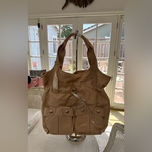 DKNY Tan Leather Shoulder Bag with Front Pocket Detail